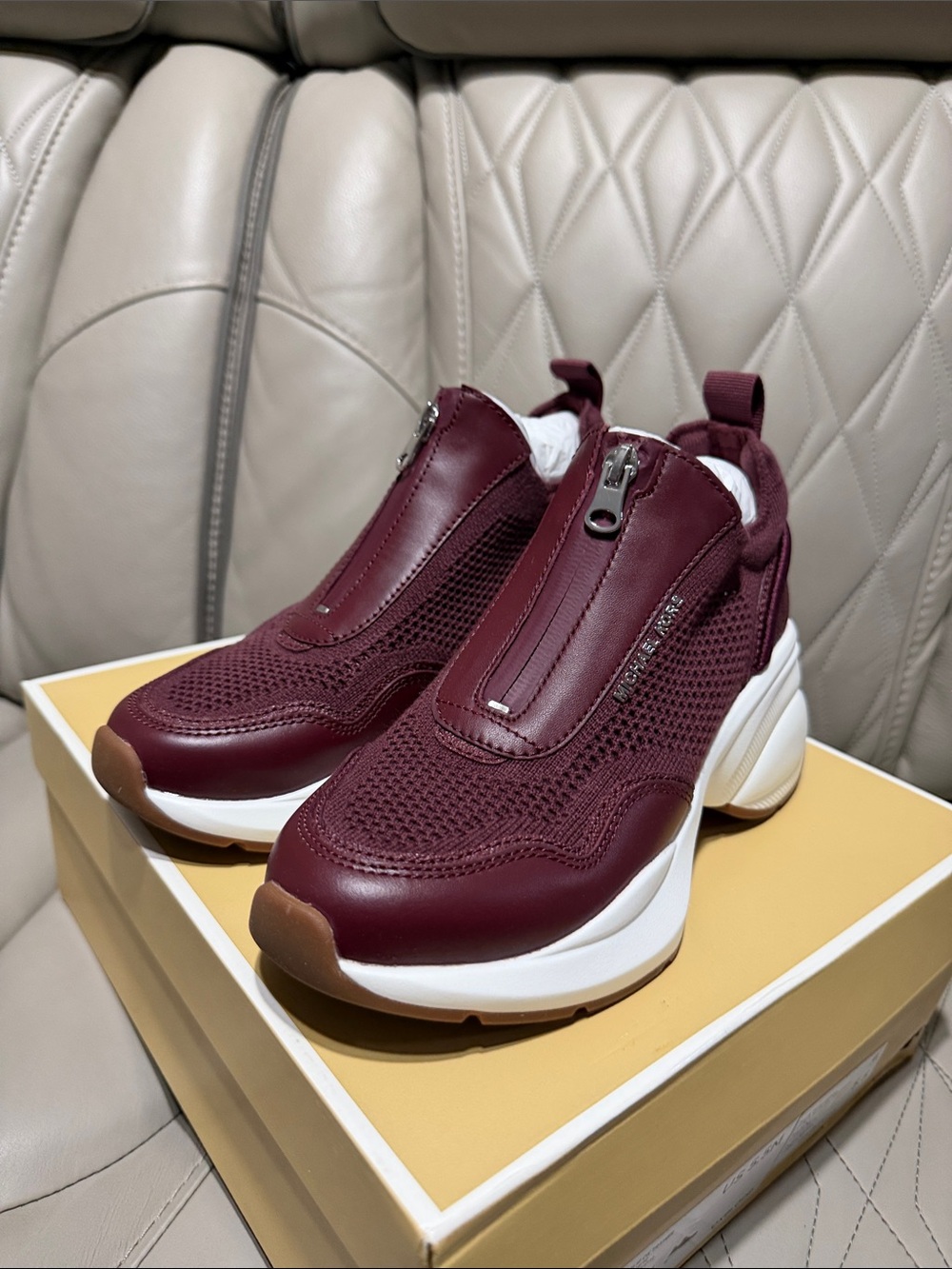 MICHAEL Michael Zuma Kors Burgundy Knit & Leather Zip Slip-On Sneakers - Picture 3 of 11